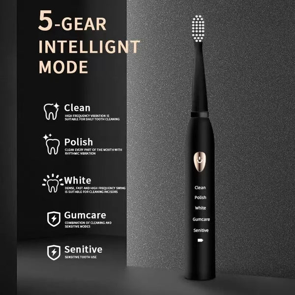 Brosse à dents électrique ultrasonique noire avec tête texturée, à côté d'un affichage des cinq modes de nettoyage.