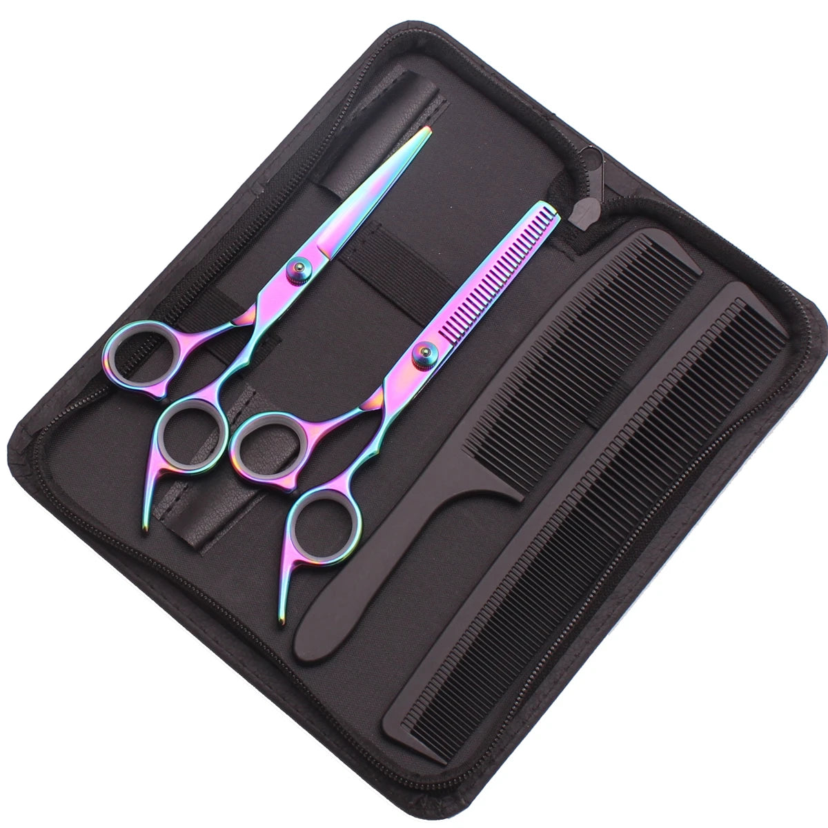 A black case containing professional stainless steel hairdressing scissors and a comb.