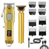 A professional electric hair clipper and trimmer set showing the main unit and multiple attachments.