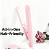 A pink all-in-one hair straightener and curler tool is shown against a white background.