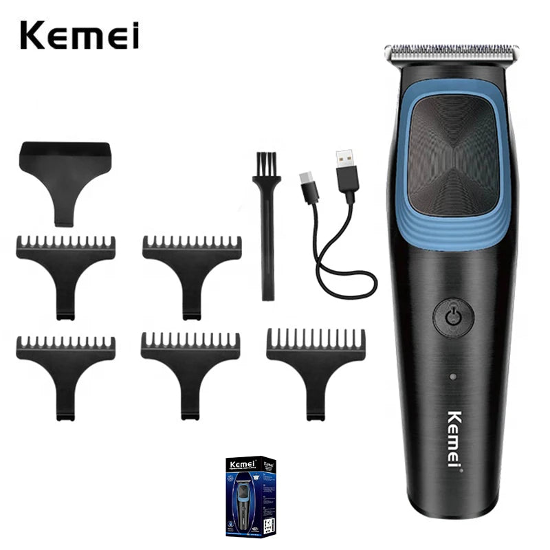 A set of Kemel electric hair clippers and attachments shown against a white background.