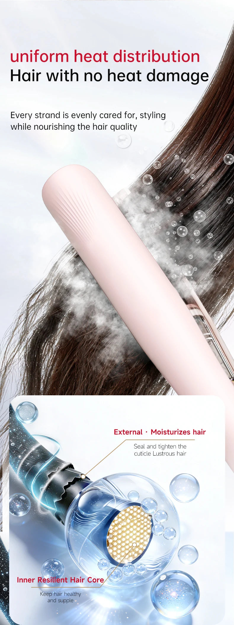 A pink steam flat iron is shown applying heat to dark hair, illustrating uniform heat distribution for nourishing and styling
