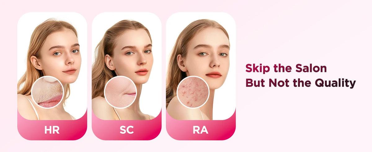 Three models show different skin treatments HR SC and RA for IPL pulsed light hair removal device
