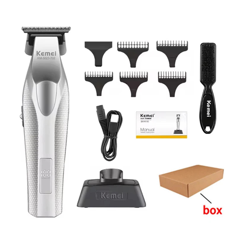 مجموعة مكواة شعر قابلة لإعادة الشحن لتقليم الشعر الاحترافي، تظهر الوحدة الرئيسية وواقيات وملحقاتها.