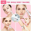 A set of four electric body hair removers and epilators shown in various uses for whole body shaving.