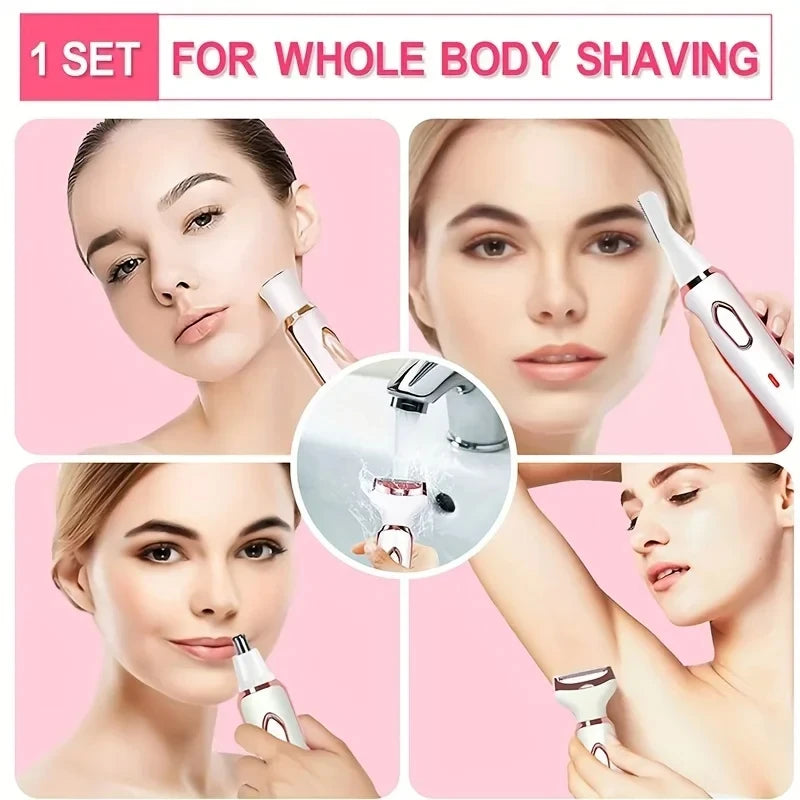A set of four electric body hair removers and epilators shown in various uses for whole body shaving.