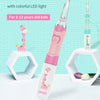 A pink Sonic Electric Toothbrush for kids with a colorful LED light shown next to its packaging and features.