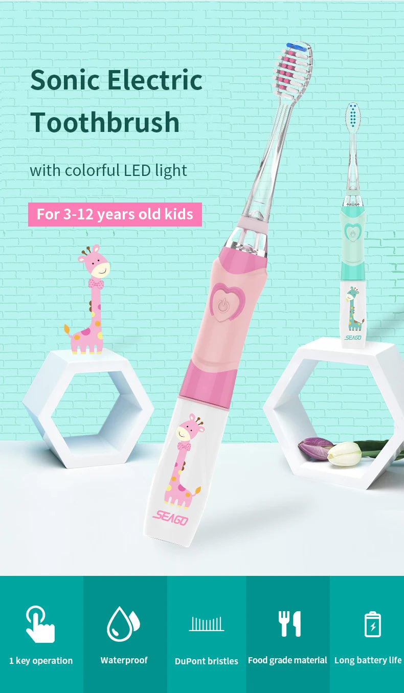 A pink Sonic Electric Toothbrush for kids with a colorful LED light shown next to its packaging and features.