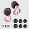 A set of ten reusable ear plugs in matte black and rose gold finish.
