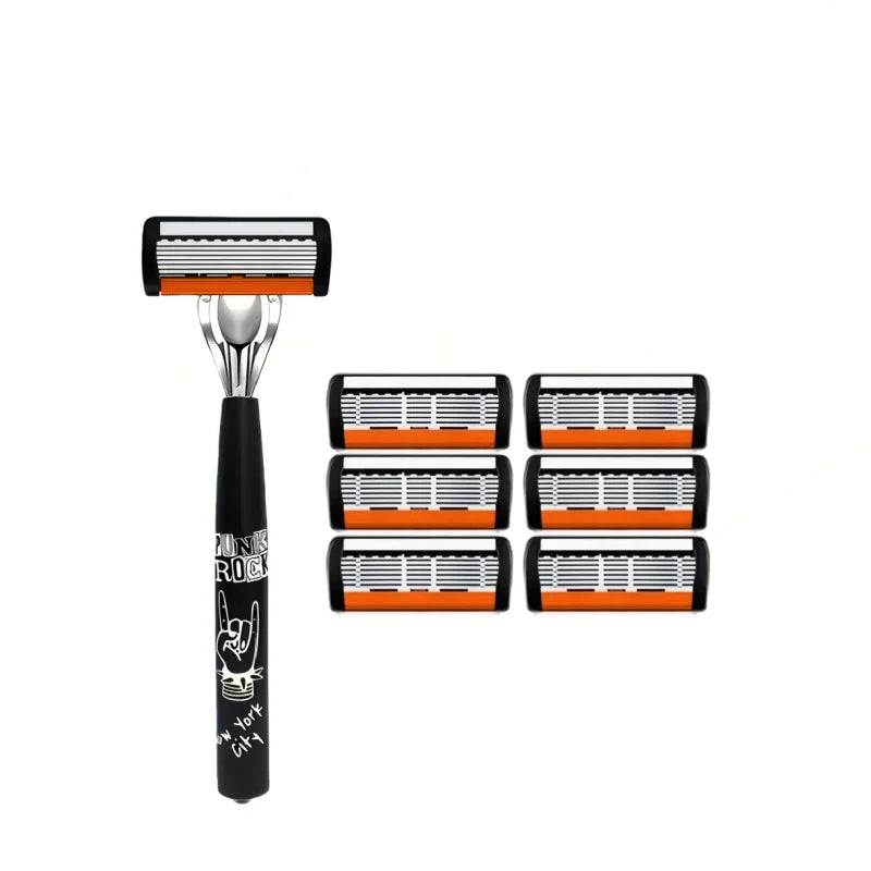 Rasoir manuel noir avec poignée orange et plusieurs têtes de rasage.