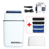 A white Rosyous Pro electric hair clipper with various attachments and a separate white accessory shown.