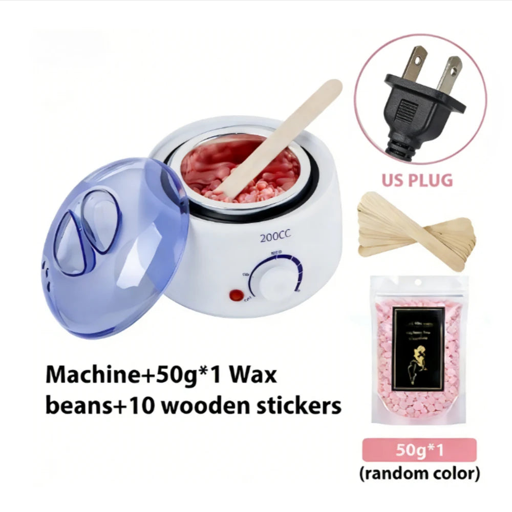 Weiße Wachs-Heizmaschine mit Glasgefäß, rosa Wachs, Holzstäbchen und zehn Holzaufkleber.
