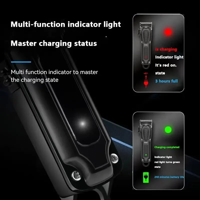Multi-function indicator light showing master charging status and battery life on a professional electric hair clipper trimme