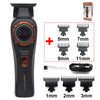 A black professional cordless hair trimmer with various interchangeable guards and attachments.