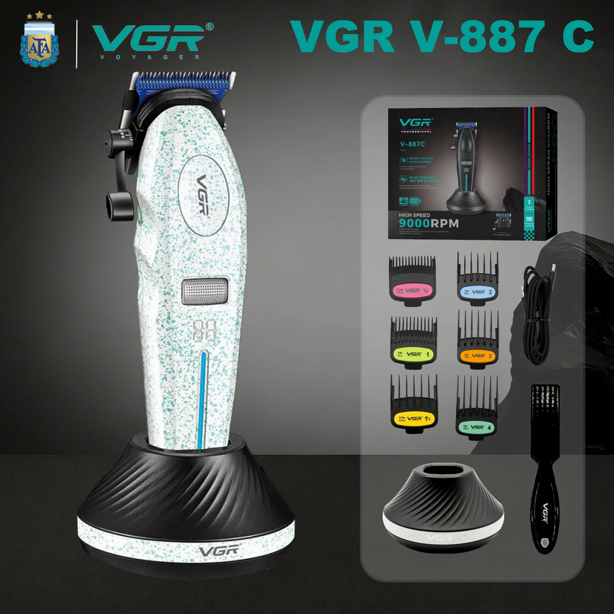 Máquina profesional recargable VGR V-887 con varios accesorios sobre fondo oscuro.