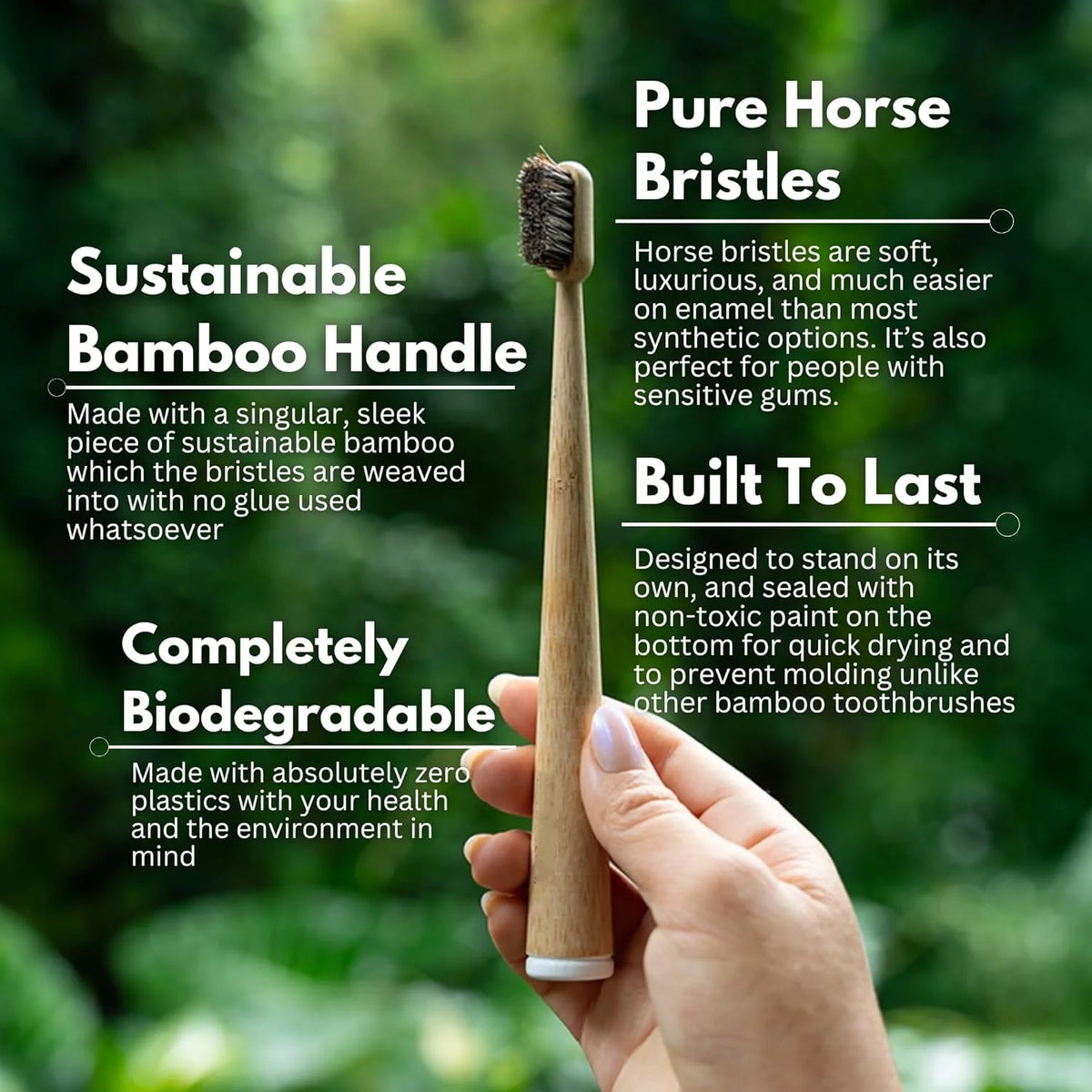 Une main tient une brosse à dents en bambou avec poils de cheval sur un fond vert flou.