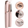 A pink precision electric eyebrow trimmer shown with close-up shots of its use.