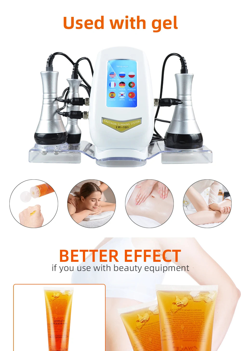 A white ultrasonic body sculpting device used with gel, showing its application on skin.