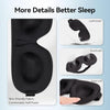 A black 3D sleep mask shown with details highlighting its lightweight, breathable, and super soft fabric.