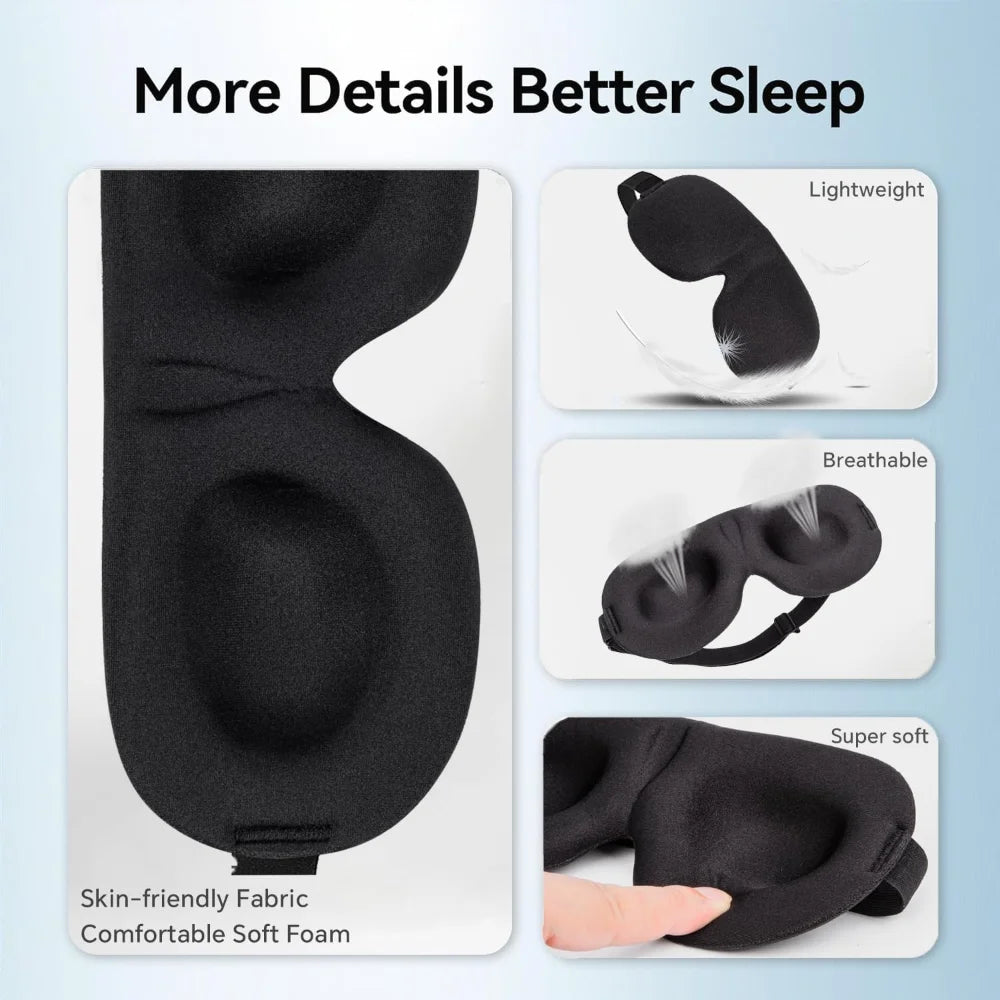 A black 3D sleep mask shown with details highlighting its lightweight, breathable, and super soft fabric.