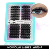 A display of individual DIY eyelashes in various styles and densities on a clear plastic tray.