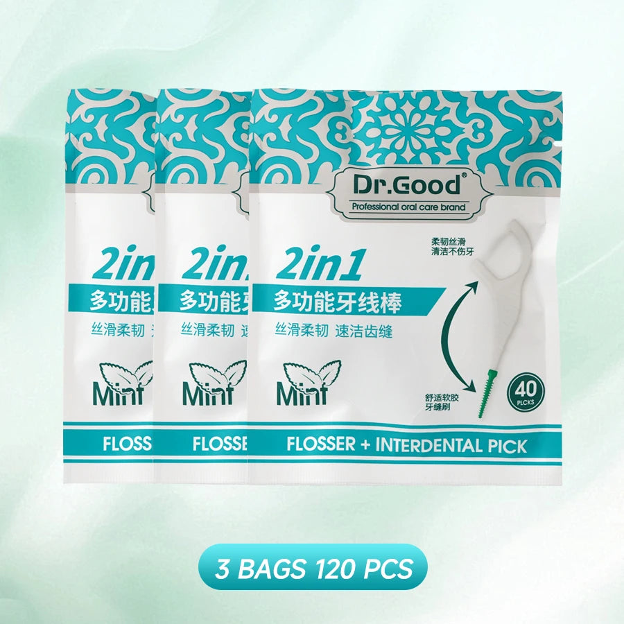 Three bags of Dr.Good 2-in-1 silicone dental floss with interdental pick and brush