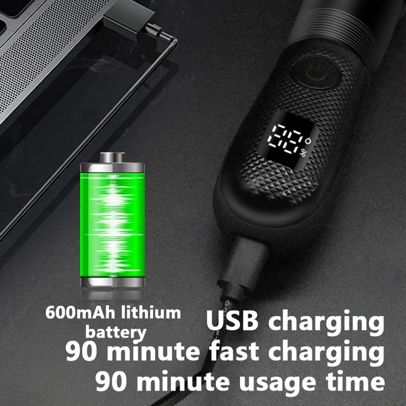 A close-up of a black body hair trimmer with a green battery and USB charging cable, showing usage details.