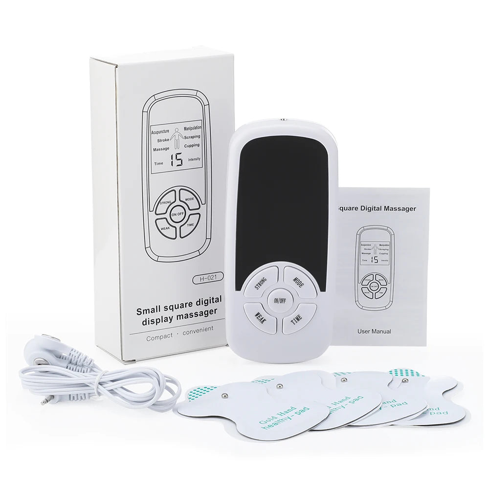 A small white square digital massager device and its user manual box with massage pads.