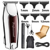 A set of professional rechargeable beard and hair trimmers with various guard sizes from 1mm to 12mm.