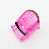 A pink mini folding eyelash curler set with a black handle and clear plastic casing.