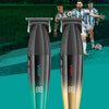 A pair of VGR professional hair trimmers, one black and one gold, displayed against a green sports background.
