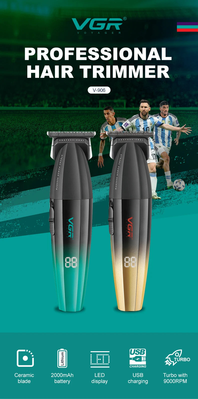 A pair of VGR professional hair trimmers, one black and one gold, displayed against a green sports background.