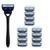 A set of stainless steel safety razors with blue handles and multiple blades displayed on a white background.