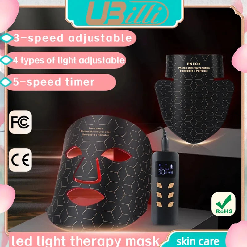 A black LED light therapy mask device and a corresponding face mask are shown with features like 3-speed adjustability and a 
