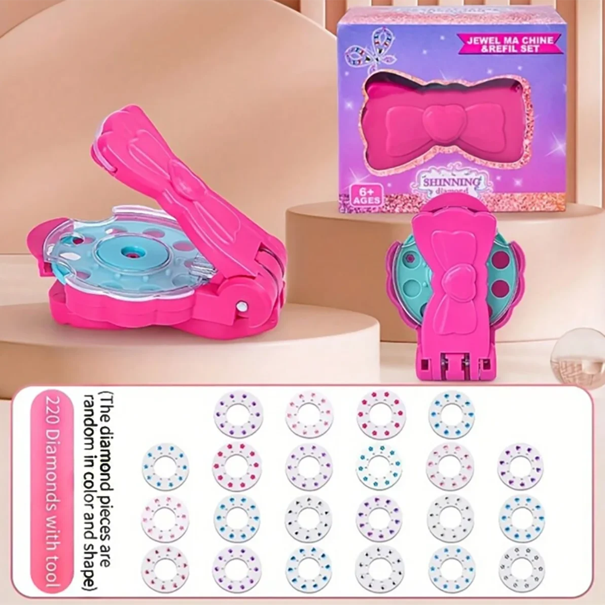 A pink glitter hair braiding and jewelry craft set with various colored and shaped diamond pieces for kids