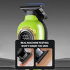 A green electric hair clipper with a black guard is shown in a testing context.