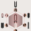 A diagram showing various hexagonal artifacts and hair styling tools, including a round brush, straightener, and curling iron