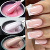 GelBuilder auto-nivelant pour extensions de ongles, dans diverses nuances de rose et nude, appliqué sur les ongles.