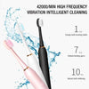 Three electric toothbrushes of different colors are shown with water splashes, demonstrating high frequency vibration cleanin