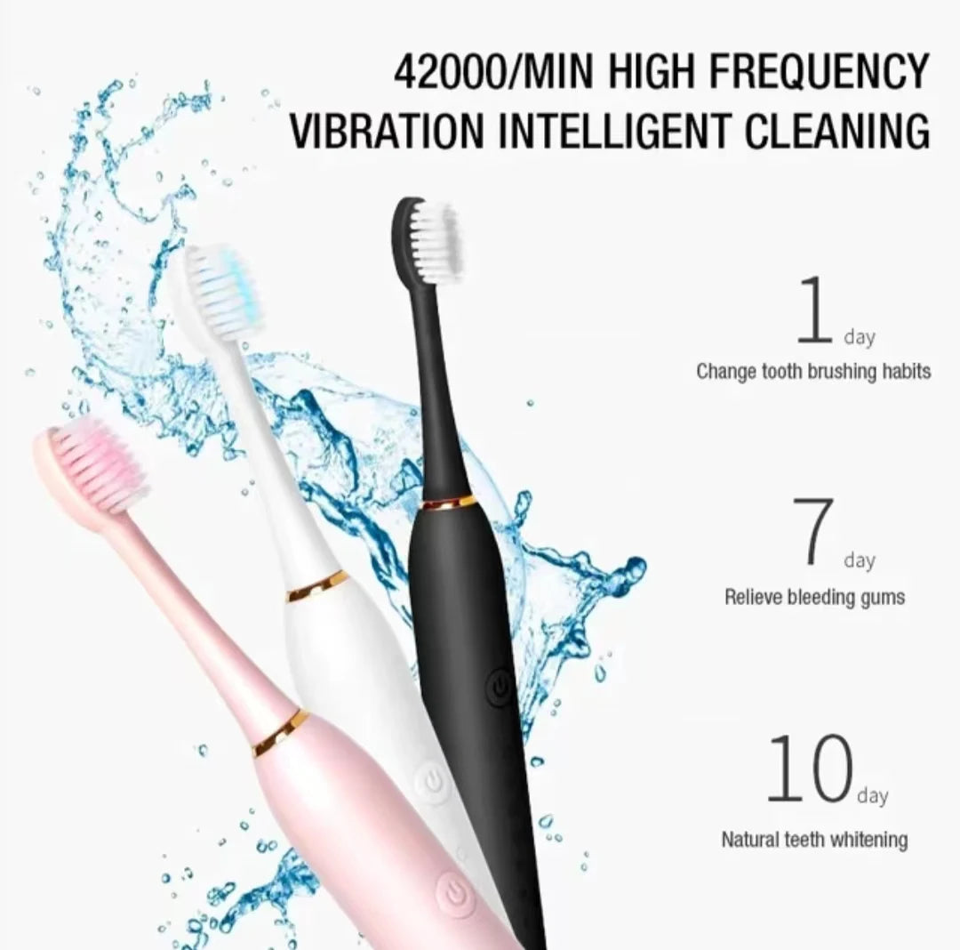 Three electric toothbrushes of different colors are shown with water splashes, demonstrating high frequency vibration cleanin