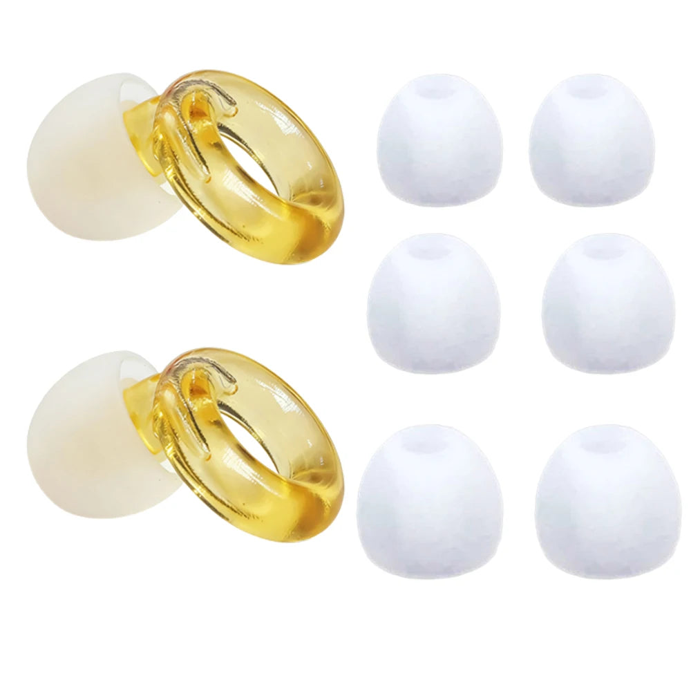 A set of silicone earplugs in white and yellow, shown as round plugs and earplug holders.