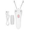 A white electric facial hair remover threader with metal tips and a power button.