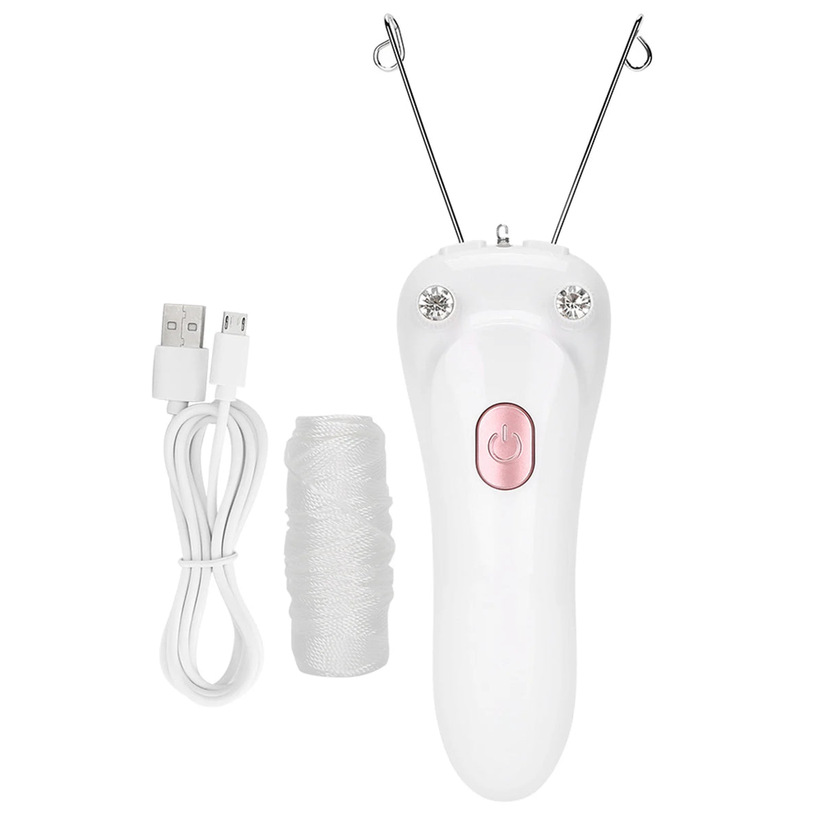 A white electric facial hair remover threader with metal tips and a power button.
