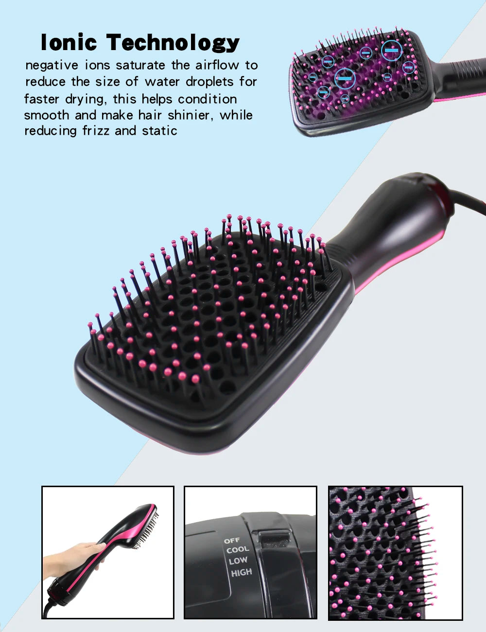 A black hair dryer brush and curling comb with pink accents shown in various views.