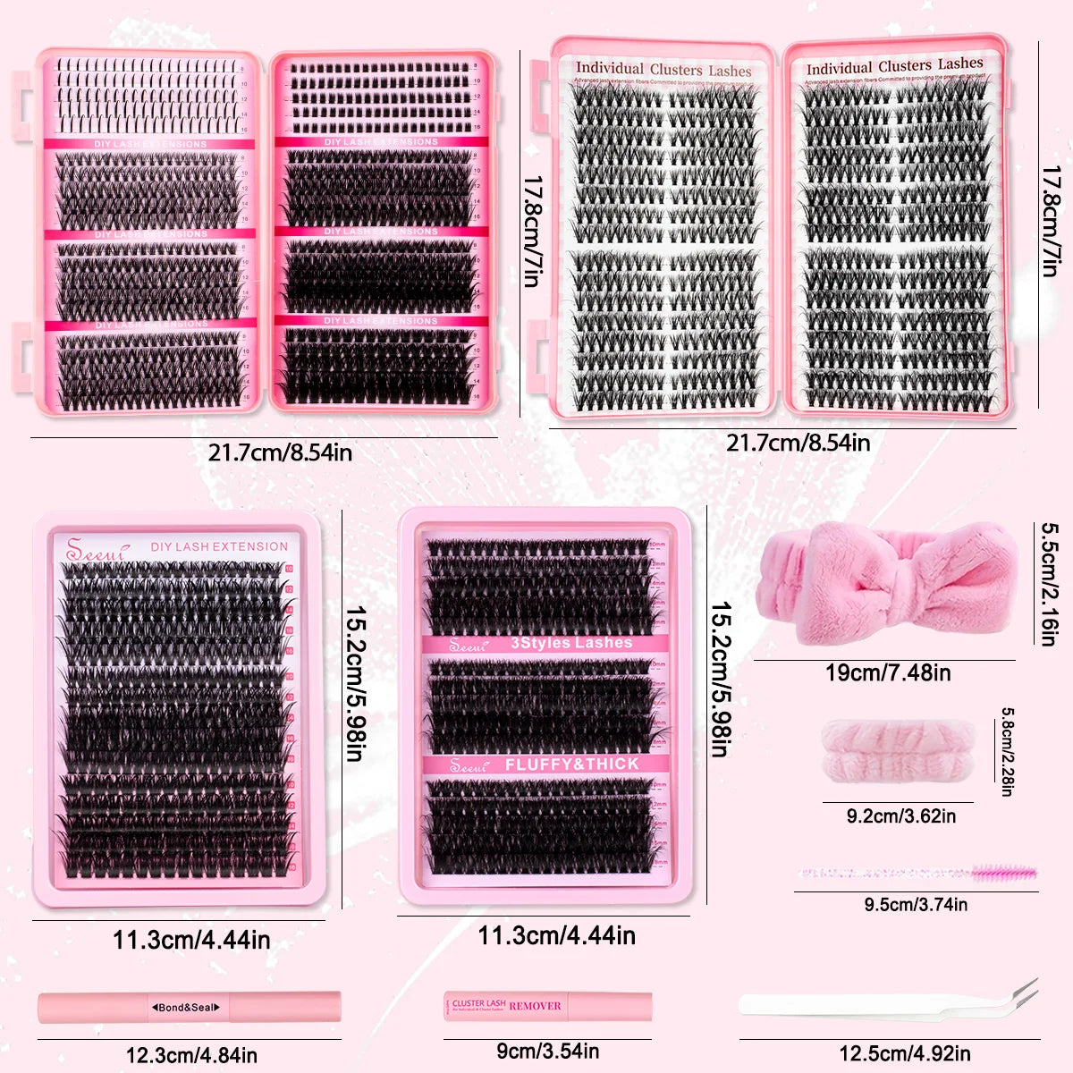 A set of DIY lash extension kits showing various lash styles, adhesive, and tweezers for eyelash extensions.