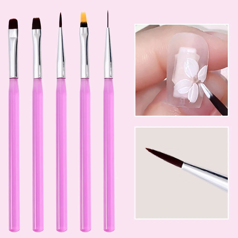 A set of pink nail art liner brushes with ultra-fine tips shown in various angles.