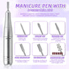 Stylet électrique argenté pour manucure avec six fraises pour polir et façonner les ongles.