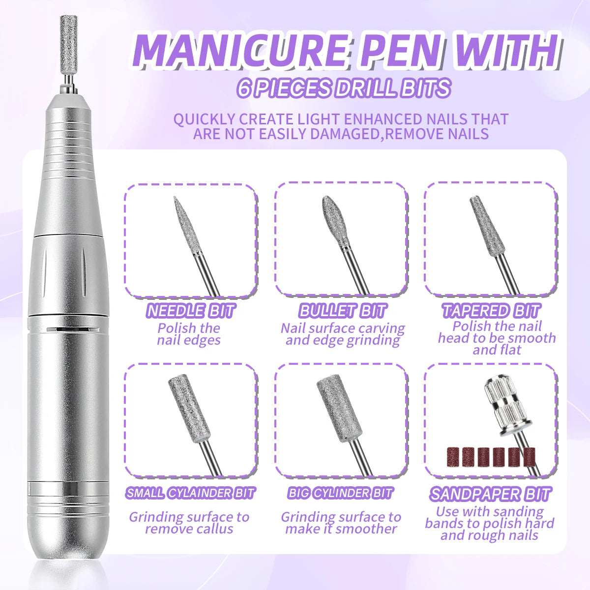 Stylet électrique argenté pour manucure avec six fraises pour polir et façonner les ongles.