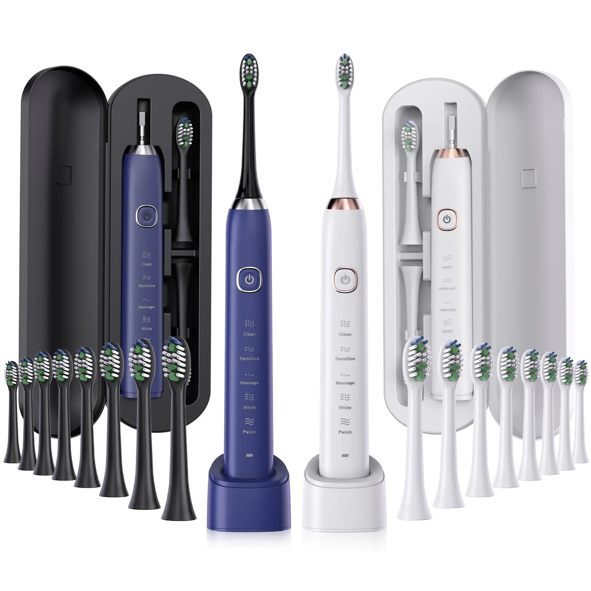 Una colección de cepillos de dientes eléctricos sónicos en varios colores y diseños, mostrados en su empaque.