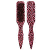A pair of pink leopard print boar bristle hair styling brushes with metal tail combs.